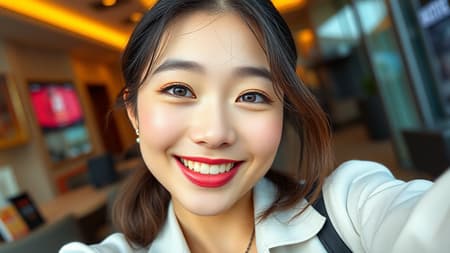 A Chinese model strikes a playful pose for a selfie, reminiscent of popular social media influencers. The image captures the essence of webcam photography with a touch of Felicia Simion's candid style. Shot on Provia film, the photo boasts a glossy and radiant finish, with vibrant, crisp colors that pop. The model's expression is lively and engaging, and the composition includes stylish, modern elements in the background, enhancing the influencer aesthetic. The overall vibe is chic, fresh, and effortlessly captivating.