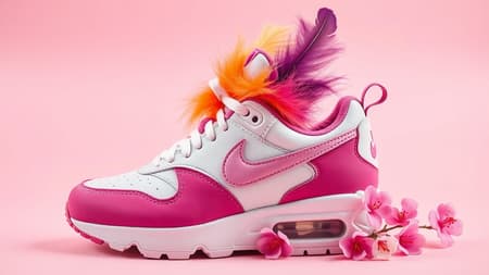 Nike sneakers adorned with feathers and a boa, vibrant pure tones, cherry blossom accents, set against a soft pink background, captured in a high-definition professional photograph.