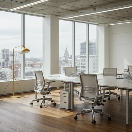 Bright, expansive office featuring panoramic windows, outfitted with ergonomic Herman Miller Embody chairs and sleek Artemide Tolomeo Mega floor lamps, captured with a Canon EOS R5 using a 35mm f/1.4 lens, showcasing an artful blend of natural daylight and subtle LED illumination.