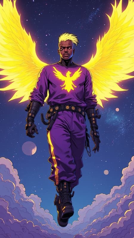 Super-hero, cosmic being, space entity. Tall, muscular, African-American male. Wavy fade Mohawk hairstyle, short on sides and back, longer on top, front hair hangs over one eye but spiking upwards. Hair is black, but appears to be on fire. Luminous glowing Violet-purple eyes, eyeliner around eyes.  Soul patch under bottom lip, thin handlebar mustache. Loose fitting Violet jumpsuit with yellow-gold piping up the sides and down the sleeves, long sleeves. Yellow gold firebird/phoenix symbol with wings spread on the front  the uniform. Black leather fingerless gloves, black leather belt with gold grommets wrapped around waist. Loose fitting baggy tapered pants with pleats down the front. Ultra black suede slouchy boots mid calf, black straps with gold grommets around them. 

Arms up and out, flying. Huge bright yellow-gold flaming wings emerging from arms, Violet eyes lit up like stars. Full body pose, flying past galaxies, gas clouds and planets. 