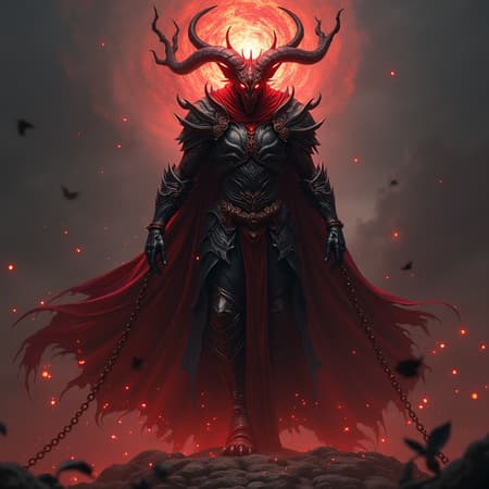 A formidable armored demon wielding dark magic, draped in flowing black and crimson cloaks. Its head is a swirling vortex of molten energy, glowing ominously in shades of fiery red. This being of immense power exudes an aura of ancient evil, reminiscent of the dark lords from the realms of legend. Its chains clink with every ominous step, and dark energy pulses through its form, attuned to an eldritch force. The scene is rendered in stunning 4k ultra-realistic detail, brought to life through the cutting-edge capabilities of the Unreal Engine, capturing the essence of a creature that could stride through the epic tales of both "Lord of the Rings" and "Dungeons & Dragons."