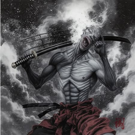 Sword over shoulder, kodachi, holding sword, laundry pole, arm blade, ensis exorcizans, tsuba, mizura, samurai, battoujutsu stance, sword cane, sunrise stance, tachi, red hakama, tsuka, yukianesa, seven-branched sword, twirling weapon, kouhaku nawa, disfigured, kitsch, oversaturated, grain, low-res, malformed, blurry, bad anatomy, poorly drawn face, mutated, extra limb, ugly, poorly drawn hands, missing limb, floating limbs, disconnected limbs, malformed, blur, out of focus, elongated neck, distorted, twisted, surreal, monochrome, conjoined appearance, multiple appendages, odd fashion, meme-like, deformed, elongated figures, distorted vision, blurred vision, closed eyes, indistinct, watermarked.