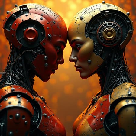 Robot Depicted Illusory Artwork Robot and men depicted in an intricate, illusory wallpaper format, rich in colorful realism with a modular design. The scene features intense close-ups that highlight the interplay between human and machine, with a palette dominated by dark gold and red hues. The image is UHD, inspired by mosaic realism, providing depth and texture. The composition is enhanced by dynamic shading and intricate patterns that add layers of complexity, reminiscent of a surreal tapestry, creating a captivating and immersive visual experience.