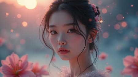A stunning Korean girl in an immersive background with volumetric haze and global illumination, captured in natural lighting. This high-detail RAW color photo is realistic, with ultra-high resolution and highly detailed features suitable for 8K wallpapers. Utilizing physics-based rendering, the image boasts hyper-realistic textures and lifelike details, enhanced by rich, vibrant colors. Shot with an f1.6 lens for a hyperrealistic, cinematic quality reminiscent of Cinestill 800 film. The scene is filled with realism and high contrast, while ensuring artistic integrity and creativity throughout.