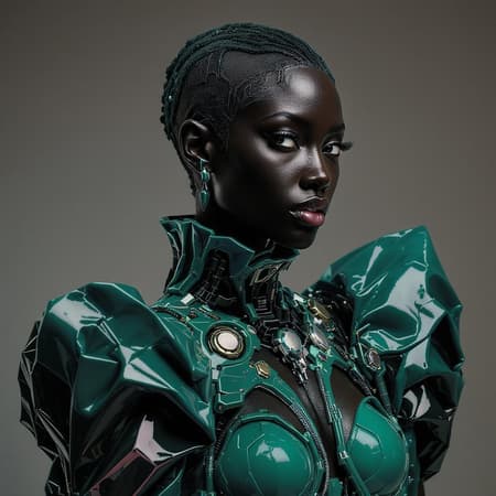 A striking black female model gazes diagonally, adorned in avant-garde attire featuring intricate plastic and latex designs, embellished with abstract forms and asymmetric techno details. The ensemble boasts a predominant emerald hue, channeling the innovative spirit of Iris van Herpen. Captured in cinematic 4k, the medium shot highlights the luxurious textures and futuristic elements, merging art with fashion in a bold, visionary statement.