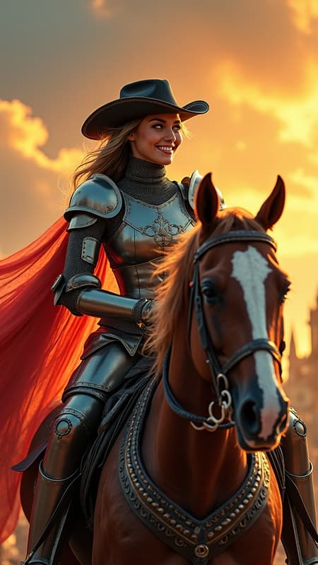 A full-body portrait of a woman dressed as a cowgirl and knight, riding gallantly on a horse, her expression joyful and cute as she smiles broadly. Her outfit blends the rugged charm of a cowgirl with the noble armor of a knight. The scene evokes a Venetian carnival atmosphere, with vibrant colors and festive elements subtly incorporated into the background. She appears valiant and ready for battle, set against a breathtaking sunset that casts a warm glow across the scene. The artwork is high resolution and hyper-realistic, inspired by the dramatic style of an oil painting by Frank Frazetta.