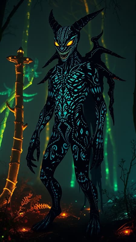 A full-body gothic illuminated anthropomorphic creature stands in a bioluminescent forest, its presence casting a surreal atmosphere that is both epic and haunting. The creature's fluorescent glow contrasts with the dark, intricate design of its form, creating a captivating image of horror and beauty. The detailed textures of its skin shimmer under dramatic lighting, evoking a photorealistic, cinematic quality. The forest around it pulses with a life of its own, as fluorescent foliage and eerie shadows play off the creature's eerie luminescence. The dark, intricate patterns covering its surface tell tales of ancient mysteries, with an otherworldly elegance that draws the viewer into its creepy, enigmatic world.