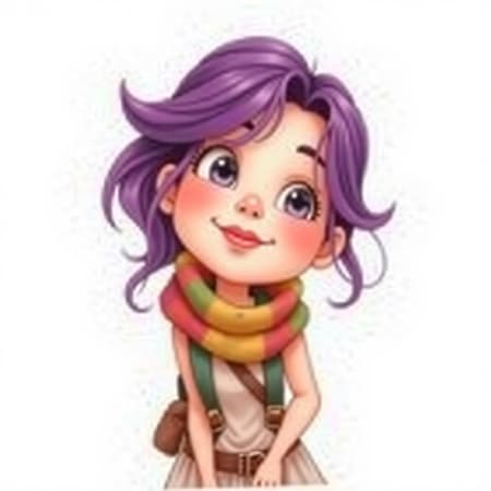 A cartoon character featuring vibrant purple hair and a colorful scarf wrapped around her neck, set against a clean white backdrop. The character is depicted using watercolor techniques, adding a soft and artistic touch reminiscent of classic paintings and sketches. Her skin has a natural appearance with subtle imperfections like skin spots and blemishes, providing a realistic texture. The lighting is cleverly used to highlight her features, casting gentle shadows and a warm backlight that enhances the scene. While maintaining the whimsical charm of a cartoon, the character's anatomy may have playful exaggerations, such as unusually positioned hands or additional limbs. Despite these quirks, her expression is lively and full of character, and her attire includes quirky straps, suggesting a sense of adventure. The overall aesthetic is a blend of artistic creativity and the charm of traditional animation.