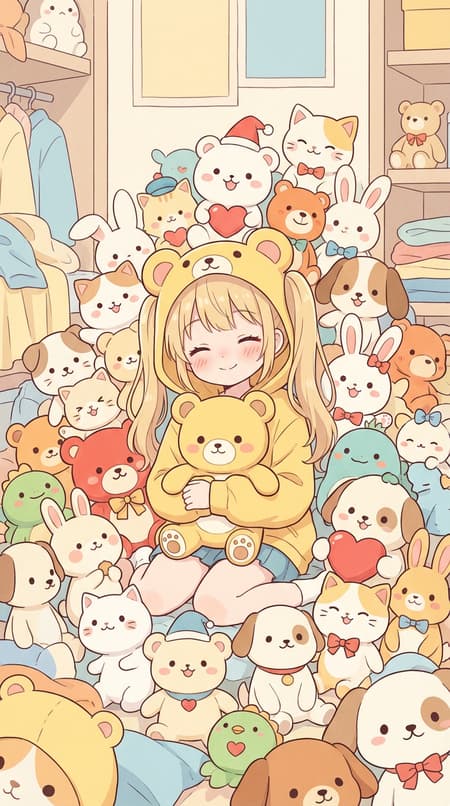 Smiling Anime Girl With Kawaii Plushies Full shot of a cute anime girl with blonde hair, wearing a yellow bear hoodie, holding a yellow bear plushie, surrounded by a dense crowd of various kawaii animal plushies. The plushies include bears, rabbits, cats, and other creatures in different colors like white, yellow, orange, red, green, blue, and brown. The art style is cute, flat-colored anime/illustration with clean lines and minimal shading, featuring a slight grain texture. The lighting is soft and even, creating a warm and cheerful mood. The atmosphere is cozy and playful, with a pastel color palette dominated by creams, yellows, and soft blues. Notable details include the girl's closed eyes and blush marks, the varied expressions and small accessories (hearts, hats, bows) on the plushies. Vertical orientation.