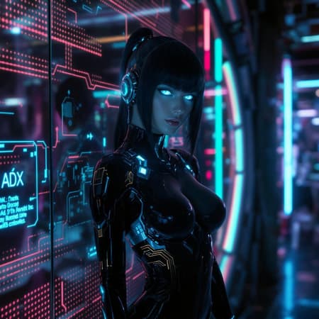 Futuristic cityscape, sleek heroine with midnight hair and piercing ice-blue eyes, in a dynamic half-body pose, set against a high-tech interior filled with neon lights; inspiration from Aeon Flux, blending elegance and cybernetic allure.