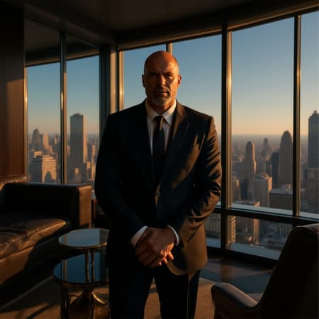 Thanos as a powerful and strategic businessman, standing confidently in a lavish corner office with towering glass windows looking out over a sprawling cityscape; the dramatic light from the setting sun casts sharp shadows across his determined face, emphasizing his strong jawline and thoughtful gaze; his expensive tailored suit adds to his commanding presence while the gleam of his luxurious office decor reflects his ambition and influence.