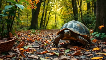 A leisurely journey through an enchanted forest, where the world moves at the pace of a wise and gentle turtle, unfolds with vibrant colors and the soft rustle of leaves underfoot.