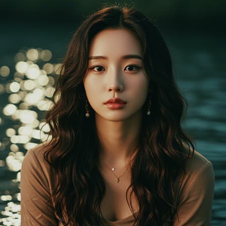 An alluring Asian woman with elegantly curled hair, captured in the essence of Samyang AF 14mm f/2.8 RF, styled in oshare kei and adorned in earthy dark beige tones. Her facial features are strikingly distinct, set against a hyper-realistic backdrop of shimmering water. The image blends elements of mori kei with the trendy influence of hallyu, presenting a captivating visual story.