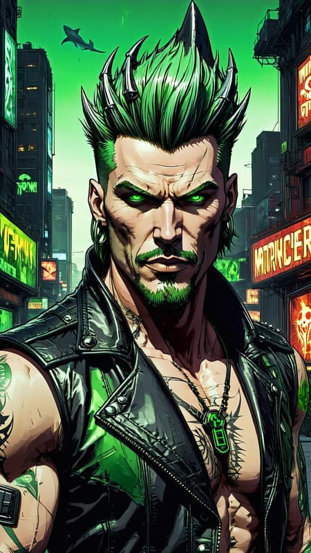 Supervillain with the ability of exuding toxic green radioactive vapor. He gives off a bright green glow/aura. Masculine man, Caucasian male. Heavy Metal and Punk Rock fan. Tall, thin, lithe but muscular, sinewy, well defined, wide shouldered. Pale skin, strong brow and chin. Rugged good looks. Electric green eyes, intense gaze, often sneering. Bright green hair, shaved on the sides and top, with a shark fin Mohawk hairstyle in the center of his head. 3 spiked piercings down the center of his forehead. Goatee on the face is also green. He wears a sleeveless black leather motorcycle jacket, unzipped. Black leather bracers on his arms, silver spikes on them (bracers).  Red biohazard tattoo on his left arm. Armpit hair is also green, which he displays proudly. Black leather jeans, with a spiked leather belt. A silver biohazard symbol as the belt buckle. Full body pose. His aura is a radioactive green, often toxic to the people around him. He roams the city streets. 