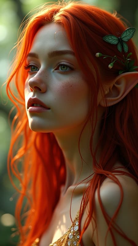 A stunning forest elf goddess woman with flowing red hair and delicate pale skin, her face intricately detailed, featuring smooth and sharp focus under ethereal lighting. The scene captures a photorealistic, inkpunk-inspired aesthetic with an ultra-realistic touch, reminiscent of a vibrant dream. Rendered in Unreal Engine with VFX elements, it exudes the soft cinematic lighting reminiscent of Alphons Mucha's style. Presented in a breathtaking 3D render using octane render, the image boasts an 8k resolution, showcasing an enchanting blend of nature and divinity in an artstation-worthy composition.
