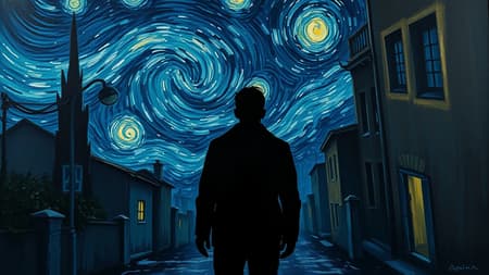 A haunting oil painting portrays the silhouette of a male figure on a dimly lit street, exuding a chilling presence reminiscent of Van Gogh’s iconic style. The night sky swirls with starry night inspiration, casting eerie shadows in a tapestry of expressionist, gloomy tones. The scene is bathed in deep blues and dark purples, evoking a sense of foreboding and emotional depth. The figure is shrouded in mystery, their form slightly blurred and grainy, with anatomy and limbs intentionally distorted, suggesting a poorly drawn, unsettling quality. This unforgettable piece captures the tension between beauty and menace, leaving a lasting impression.