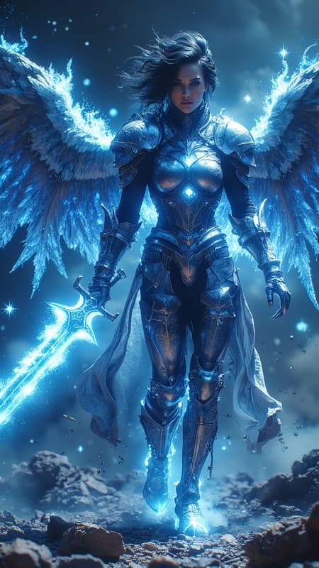 Futuristic Sci-Fi meets mythology and spirituality. Battle goddess, goddess of vengence and retribution. Avenging Angel, God's favorite destroyer of evil, demon killer, galactic traveller, space goddess. Her avatar is that of an otherworldly being; she is tall, strong, athletic, statuesque. Her physical being/skin is the fabric of the universe, you can see darkness with stars and galaxies within her physicality. Her eyes are two new-born stars, shining brightly. Her hair is jet-black medium length and spiky, asymmetrical and swept back on the sides with spiky bangs, also reflecting the universe. Chrome pauldrons on her shoulders with white gems lit up from within. Chrome bracers on her arms, chrome breastplate with glowing white glyphs, chrome tech belt on her waist with glowing blue stone at the center. Chrome shorts/ short pteruges, chrome thigh guards. Chrome knee-high boots with heels, glowing white glyphs within the boots. She has six HUGE flaming wings of fire like a seraphim, composed of bright blue flames. She carries a gigantic flaming blue sword of light and fire. She has more than enough power and glory to destroy whatever evil confronts her. When The Creator sets her to a task, she does not stop until it's completed or The Creator calls her off. Full body pose, in space defending a galaxy, the stars reflected off her chrome outfit. {{{6 flaming wings of bright blue fire}}}  {{{MASTERPIECE}}} 