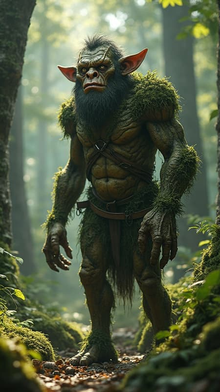 Majestic fantasy troll in a lush forest, photorealistic detail, rendered with octane, created in unreal engine, showcasing hyper-detailed skin texture with moss and bark patterns, vibrant HDR lighting capturing intricate shadows and highlights, towering trees and shimmering woodland background, elongated dimensions.