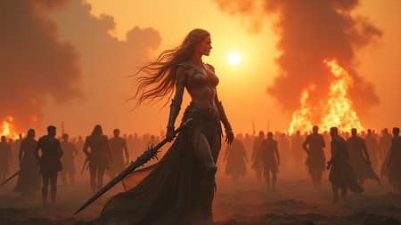 A breathtakingly expansive scene unfolds, showcasing a powerful elven warrior woman standing poised in the midst of an epic battle, her gorgeous form exuding elegance and ferocity. Her armor is intricately detailed and her weapon is a masterpiece of craftsmanship, hinting at her divine strength and rage as a goddess. The battlefield, once forgotten, now comes alive amidst the chaos, surrounded by towering walls of fire in the background. The scene captures an epic wide shot from an aerial perspective, immersing viewers in a dark fantasy world. CGI elements bring the battle to life with photorealistic precision, enhancing the depth of focus. Crepuscular rays and sunbeams pierce through the smoky haze, illuminating the intricate and maximalist battlefield below. The atmosphere exudes a hyperrealistic, highly detailed quality reminiscent of the Dragon Age style.