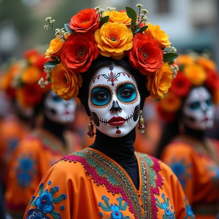 Celebrate the vibrancy of the Dia de los Muertos Parade in Mexico City, capturing intricate details in high-resolution photography, showcasing ultra-realistic depictions of traditional costumes, colorful face paint, and festive decorations, immersing in a lively atmosphere, aspect ratio 1:2, with a creative and artistic flair --stylize 750 --version 6.1.