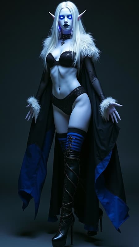 Dark sci-fi horror. Alien vampire. Powerful, evil, otherworldly, feminine woman. Her aura glows with a cold, pale bluish-white light, her eyes shine in the dark. Tall, slim but curvy, lithe, strong. Her feet never touch the ground, she floats/levitates in the air. Pale white corpse skin, make-up in various shades of blue. Long, silvery-white hair down to her back, all one length and side parted, hanging over one eye. Pointed elf-like ears. Fangs, dark blue lips, like a dead person. A black leather choker around her neck. Black and midnight-blue lingerie with long, Gothic sleeves. A white fur stole draped around her shoulders. A sheer, black, bat-like night robe with Midnight blue accents. Thigh-high black leather boots with stiletto heels. Full body pose. 