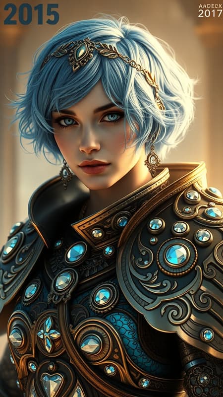 A stunning female warrior with short, radiant blue hair, adorned in resplendent armor encrusted with shimmering gems. Her attire reflects the elegant style of Alfons Mucha, emphasizing the ethereal play of light and the delicate transparency of glass elements. The scene captures a mix of high and short depth of field with exquisite ray tracing for a hyper-realistic effect, rendered in full HD, her presence exuding strength and grace within an aspect ratio of 9:16. Adjustments highlight intricate details and vibrant hues, maintaining the essence of beauty and power.