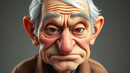 A whimsical caricature in Pixar-inspired style featuring an endearingly mischievous and slightly irritated elderly man with pronounced wrinkles, portrait-style, crafted in a cartoon art manner trending on ArtStation, with sharp focus and intricate details, studio-quality photo, exceptionally detailed, as envisioned by Greg Rutkowski with a touch of playful creativity.