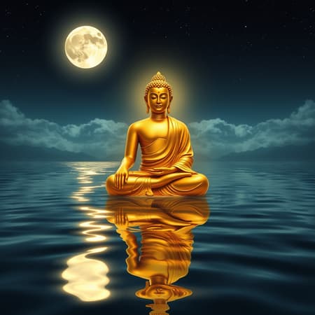 A stunning ethereal scene featuring a radiant golden Buddha seated gracefully on water, illuminated by a brilliant full moon in the night sky. The image captivates with elements of intriguing optical illusions, bringing the Buddha to life in a surreal dance of reflections and light. The style is reminiscent of sketchfab artistry, with ultra-high-definition quality, capturing every intricate detail and texture. The atmosphere is one of serenity and mystique, enhanced by gentle waves and subtle celestial patterns in the sky, evoking a sense of peace and wonder.