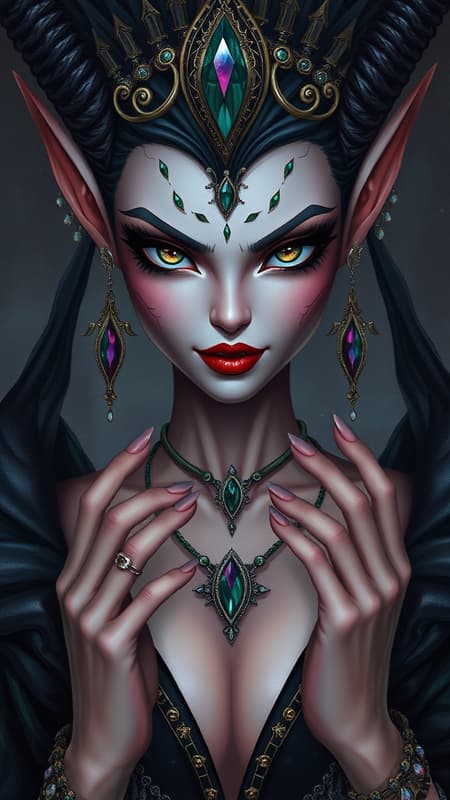 A dark elf queen radiates an allure surpassing any Disney princess, with intricately jeweled facial art and strappy heels accentuating her presence. Her plunging neckline complements her mischievous anime-inspired features. Imagined in Disney-style animation, this masterpiece is a high-quality painting captured in stunning 16K UHD HDR. The queen's elongated neck and unique beauty are accentuated by her uniquely expressive eyes. Her hands, adorned with elegant fingers, appear almost ethereal. This captivating scene avoids any visual distractions, focusing solely on the majestically crafted character without any out-of-place elements or distorted visuals.