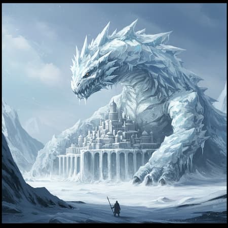 City Lies Expanse, Artwork An ancient city lies in a frozen expanse, its towers and spires shrouded in the thick ice of a colossal ice monster. The creature's immense form blends seamlessly with the icy landscape, with jagged icicles and frost-covered scales shimmering under a pale, wintry sun. The atmosphere is both awe-inspiring and ominous, as if the city is in eternal slumber beneath the watchful gaze of this majestic, frozen guardian.