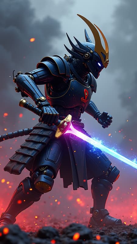 As the cyborg samurai warrior whirls into action, its mechanical armor gleams under the atmospheric shroud of jet-black smoke plumes swirling around. Vibrant bursts of neon colors explode against the dark backdrop, illuminating the battlefield with each calculated, swift strike. The creature, with intricate detailing on its cybernetic limbs, moves with a fluid grace that merges ancient technique with futuristic innovation. Each motion is incredibly detailed, capturing the essence of a high-stakes confrontation under dramatic lighting. With textures so finely rendered they mimic reality and the visual flair of ray-tracing amidst a cartoon world, the scene becomes a mesmerizing dance of light and shadow, evoking a sense of awe and danger.