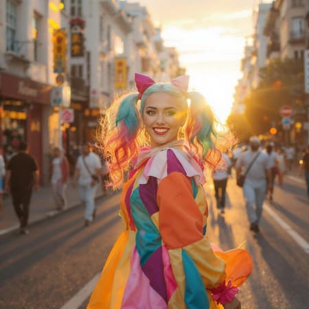Woman Colorful Pigtails, Artwork A cheerful woman with bright, colorful pigtails, dressed in a whimsical clown-like outfit with harlequin patterns, is captured in a side view as she strolls joyfully through a bustling city at sunset. Her face beams with a radiant smile, and the warm, golden light casts a magical, volumetric glow around her, as though she’s part of a living Polaroid moment. The ambient hues of the sunset enhance the vibrant colors of her attire and the lively atmosphere, making her a captivating, cute figure amidst the urban setting.