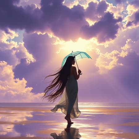 A woman with long flowing hair that touches the ground walks gracefully, holding a delicate tiny cyan parasol umbrella. Raindrops dance around her, creating wet reflections on the beach sands. Sun rays pierce through the ominous, beautifully clouded purple sky, casting an ethereal silhouette of her figure. Painted in the evocative style of Albert Bierstadt, the scene captures the juxtaposition of tranquility and the approaching storm, as partially clouded skies loom above.