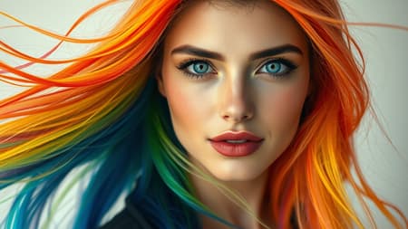 Gorgeous female with flowing rainbow-colored hair, captivating and vibrant, exuding charm and allure, captured in a stunning portrait. The focus is on her expressive long hair, casting a spectrum of colors. The image features a detailed and realistic depiction with soft diffused lighting and a shallow depth of field that highlights her flawless skin. The photo-realistic quality is captured in an 8k resolution with a sharp focus, enhancing the hyperrealism and cinematic lighting for a CGI effect. The composition maintains a full-length frame, showcasing her elegance against a softly lit background. The portrait omits any distractions such as text, watermarks, or flaws, ensuring the subject's natural beauty and colorful essence shine through.