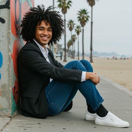 FlorencePugh3 inspired Half-Up Half-Down hairstyle with black hair that blends elegance and casual flair. Gather the top half of your hair and secure it with a stylish hair tie or clip, allowing the rest to cascade freely. Perfect for school or social events. The Sitting/Leaning Pose offers a relaxed, natural vibe—find a visually appealing spot like a bench or staircase, casually cross your legs, or lean against a wall to capture effortless charm. Casual-Chic style with comfort and sophistication: pair high-quality basics such as fitted jeans, a white button-down shirt, and a tailored blazer with statement accessories or trendy sneakers for a stylish everyday look. Venice Beach is the backdrop, with its vibrant and eclectic scenes. Snap photos against colorful graffiti walls, near palm trees, or on the sandy beach, enjoying the ocean breeze. Ultra-high resolution captured by a Canon EOS R6, 135mm lens, 1/1250s, f/2.8, ISO 400, featuring real shadows. The model is a smiling male with curly afro hair and bangs.