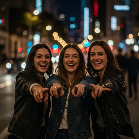 AI Cinematic Image Design Cinematic image of three women standing close together on a busy downtown street, their hands playfully extended towards the lens, laughter in their eyes and vibrant city lights creating a colorful bokeh effect in the background.