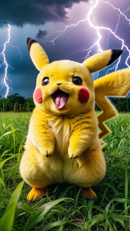 high quality art , taken with a professional grade camera with exquisite color grading , full body , massive pikachu , happy face ,mouth , tongue , fangs , pokemon , grass around , real , photoreal , strong legs and hands , fluffy , 35mm , lightnings and thunder around , (tries to hug:1.2) , large claws on hands, electric aura around