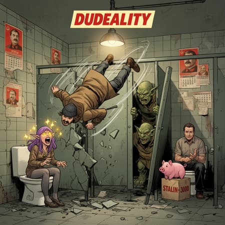 Comic book panel, full shot of a chaotic public restroom scene. A male character in a trench coat and beanie is falling headfirst over a shattered stall wall, his feet kicking up. Below him, a screaming female elf with glowing yellow eyes and purple hair is sitting on a toilet, startled. In the adjacent stall, a goblin-like creature peeks from behind a falling partition, next to a man sitting on a toilet with a small pink pig on a box labeled "STALIN-3000." The background is a grimy, tiled wall with Soviet propaganda posters and calendars featuring Stalin. Overhead, a single industrial light illuminates the scene. The art style is bold, expressive, and detailed, similar to a graphic novel, with dramatic action lines. The mood is chaotic and humorous. Dominant colors are muted greens, browns, and grays, with pops of red from the propaganda and the elf's hair. "DUDEALITY" title banner at the top center.