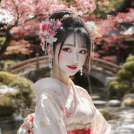A beautiful Japanese woman with porcelain skin, radiant and flawless, possesses an ethereal beauty. Her monolid eyes are deep and dark, holding a captivating gaze that draws you in. Elaborate eyeliner enhances their allure, while her arched eyebrows express tenderness. Her lips are softly hued, and she is adorned in silk kimonos and ornate cherry blossom hairpieces, adding depth to her enchanting visage.