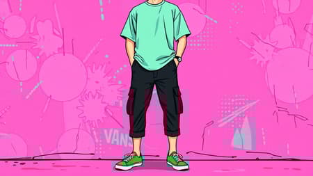 A creative illustration of a man, full-body, wearing a mint green oversized T-shirt and black capri cargo pants paired with green Vans Old Skool sneakers. The scene blends into a vividly colorful digital artwork showcasing bold outlines with bright pink, neon green, and magenta hues. The artwork embodies a playful, cute cartoonish style. The man stands against a vibrant, abstract wall that fills the background, adding a dynamic and lively essence to the piece.