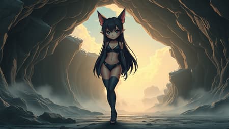 Dark elf fitness girl in a vast underground cave complex, night elf, black hair, mascara, reflective eyes, makeup, cute nose, athletic body, wearing high heels, foggy atmosphere, trending on ArtStation and CGSociety, intricate and high detail, dramatic scene, cat ears, sky with clouds, outdoors, canvas frame, cartoon style, 3D elements, unique color palette, high-quality, ultra-detailed, 8k UHD, DSLR photography style, soft lighting, film grain, inspired by Fujifilm XT3, best quality, seamless anatomy, captivating composition.