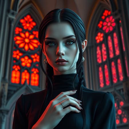 Gothic girl in elegant black attire, flawless features, close-up headshot, a grand gothic cathedral in the background, cathedral windows glowing with ethereal red light reflections, adorned with intricate mandala patterns, 8k resolution, UHD, HDR, depicted as Model: Dark Sushi 2.5D, with unique creative elements such as subtle asymmetry, mysterious gaze, elongated silhouette, and gracefully elongated fingers, all immersed in a high-definition, unblemished visual narrative.
