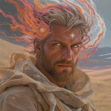 An exceptionally detailed and beautifully painted psychedelic portrait of a rugged male character inspired by Dune, centered and intricate, capturing the styles of Conrad Roset, Greg Rutkowski, and Makoto Shinkai, trending on ArtStation. The image presents a realistic and cinematic quality, with vivid colors and intricate patterns swirling around the character, whose intense gaze and weathered features speak to his strength and resilience. In the background, hints of a fantastical desert landscape are visible, with subtle elements of windblown sand and ethereal lights adding depth and atmosphere. The portrait blends realism with surrealism, creating a mesmerizing and dramatic effect.