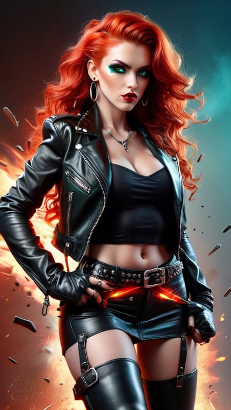 Heavy Metal biker Chick, super-hero . Feminine young woman. Long, wild flaming red hair swept back on one side, loose curls. Jade green eyes, moderate make-up, ruby red lips. Pretty, model girl, athletic, tall, busty. Black leather jacket, black spandex T-shirt, studded black leather bracelets on arms. Black leather mini-skirt, studded leather belt. Long legs, thigh high stiletto-heeled black leather boots.  Red energy/fire from right hand/fist, blue energy/fire from left hand/fist.  Full body pose. She always has a Harley motorcycle somewhere close by, high powered and lights on. 