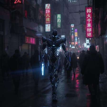 A sleek, robotic enforcer moves silently through shadows of the neon-lit metropolis, its alloyed limbs glinting under the hazy streetlights. With a mission encrypted deep within its neural network, the cybernetic operative focuses its advanced sensory systems on locating its target. As it maneuvers through the bustling crowd with mechanical precision, microprocessors analyze every detail, calculating paths and probabilities. Once in position, the assassin's photoreceptive eyes lock onto the target—an unsuspecting figure navigating the urban sprawl. Without hesitation, its arm transforms, revealing a concealed energy weapon engineered for swift, silent execution—efficiency and precision crafted into one lethal entity.