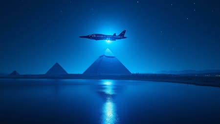 Blue Pyramid A shimmering blue pyramid casts its reflection over the tranquil Nile River, its surface dancing with ripples of moonlit water. Hovering above, an enigmatic alien spaceship bathes the scene in a gentle, otherworldly glow, its lights softly flickering like stars in the night sky. The landscape is a mystical blend of ancient wonders and futuristic visions, stretching into a vast horizon under a canvas of twinkling constellations.