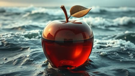A captivating double exposure image featuring a stormy sea seamlessly intertwined with a glossy glass apple. The tumultuous waves of the sea provide the backdrop, their intricate details subtly reflected within the gleaming surface of the lifeless glass apple. This hyper-realistic scene is bathed in earthy colors, exuding a sense of decadence and intricate design. The image is captured with an extremely detailed, high-definition clarity, utilizing dark softbox lighting and raytracing to enhance its cinematic and photorealistic quality. The result is a vivid HDR composition that marries the dynamic energy of the stormy sea with the stark stillness of the glass apple, creating a visual narrative of delicate balance.