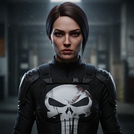 Female in a Punisher-inspired outfit, gazing directly at the viewer in a stunning portrait-style photograph. The image captures highly detailed and realistic skin textures, rendered in 8k resolution with an immaculate level of detail. The composition is a full-length frame, showcasing the character with vibrant, natural colors. Subtle piercings add to the character's intensity, highlighted by soft, diffused lighting. The focus is sharp and precise, embracing hyperrealism and portrayed with cinematic lighting. The aesthetic is clean, free from any visual imperfections like JPEG artifacts, while maintaining impeccable anatomy and proportions without any distortion or errors. No elements of the image are out of frame or duplicated, ensuring a flawless representation of the subject in this hyper-realistic and captivating depiction.