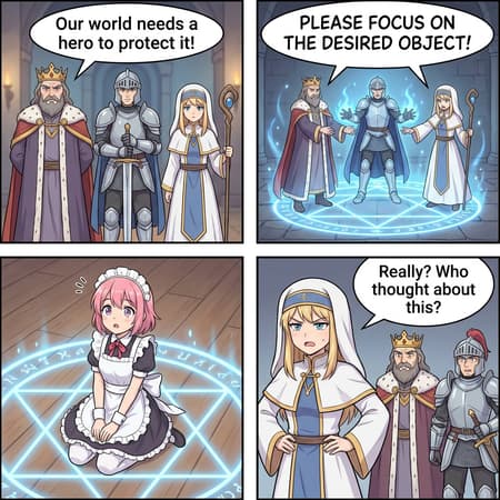 Comic strip, 4 panels, anime style. Panel 1: A king, a knight, and a priestess stand together, serious expressions. Speech bubble: "Our world needs a hero to protect it!". Panel 2: The three characters from Panel 1 stand within a glowing blue summoning circle, hands outstretched. Speech bubble: "PLEASE FOCUS ON THE DESIRED OBJECT!". Panel 3: A cute anime maid with pink hair kneels on the floor inside a glowing blue summoning circle, looking surprised. Panel 4: The priestess from Panel 1 and 2 looks annoyed, while the king and knight look shocked and disappointed. Speech bubble: "Really? Who thought about this?". Clean linework, soft cell shading, muted fantasy color palette with glowing blue magical effects. White background for panels, black text.