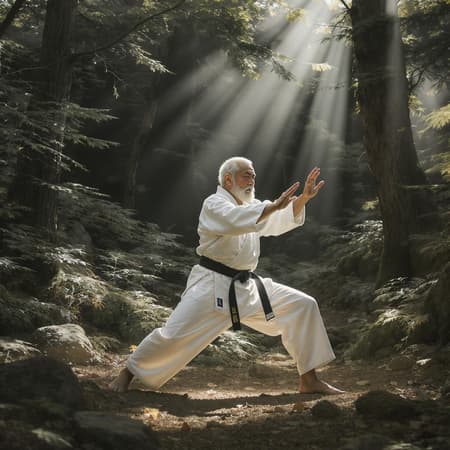 A lifelike elderly Japanese man gracefully practicing martial arts in a stunning outdoor forest setting, intricately detailed with an emphasis on the rule of thirds and golden ratio. The scene evokes a cinematic feel, with concept character artistry akin to a masterpiece by Da Vinci and Greg Rutowski. Dramatic lighting accentuates the serene atmosphere, as if captured in a classical oil painting. The man moves with precise elegance, surrounded by lush greenery and dappled sunlight filtering through the trees, creating an enchanting ambiance that highlights his mastery and the harmony between man and nature.